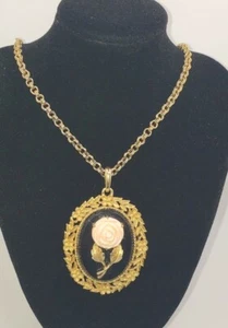 Vtg Avon Serena Rose Cameo Necklace w/Mirror on back Pink, Black & Gold Colors - Picture 1 of 11