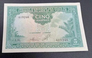 French Indochina Five Piastres Banknote 1953 AU P 106 - Picture 1 of 2