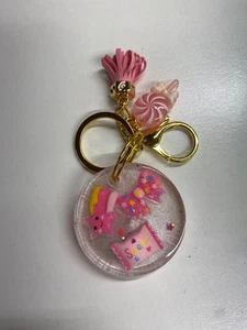 PRETTY IN PINK ROUND KEYCHAIN - CANDY THEME WITH LOLLIPOP CHARM - Picture 1 of 1