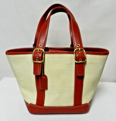 Coach Vintage 8909 Leather & Straw tote handbag purse Red & Cream front pocket - Image 1 of 4