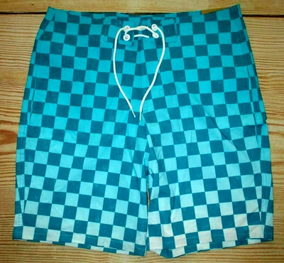 MENS HOLLISTER CHECKED TEAL GREEN MESH LINED STRETCH SWIM BOARD SHORTS SIZE 32 - Image 1 of 3