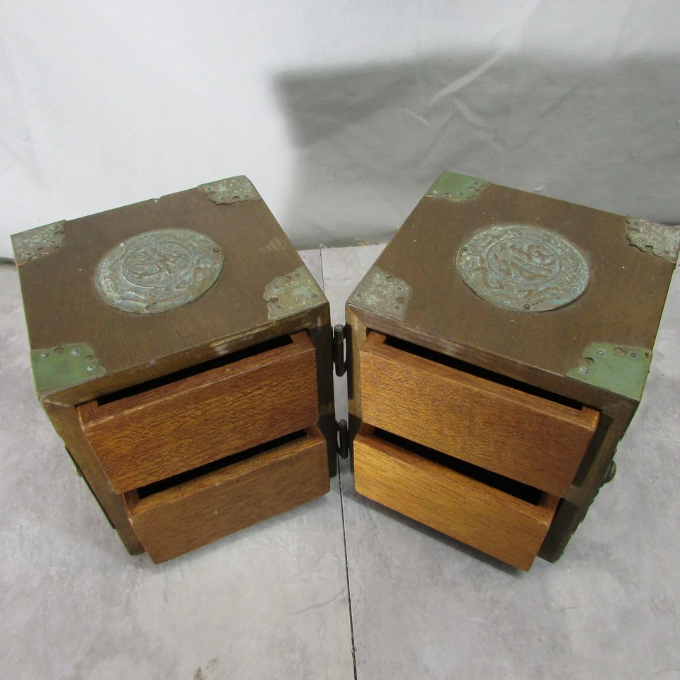 Vintage Chinese Hinged Jewelry Chest 4 Drawer Box Wood Brass Hardware Red Felt - Image 1 of 4