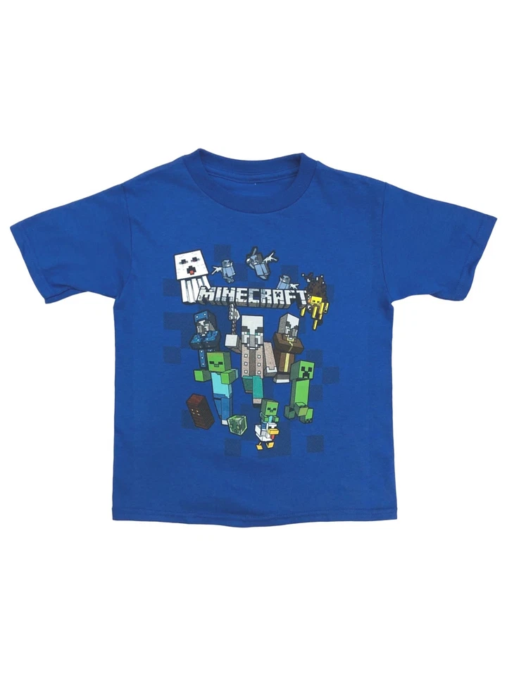 Minecraft Boys Blue Check Creeper & Duck Tee Shirt Video Gamer T-Shirt Large - Image 1 of 1