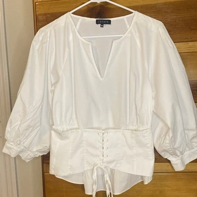 Blusa blanca manga abullonada cintura corsé 1.STATE, talla mediana Foto 1 de 4