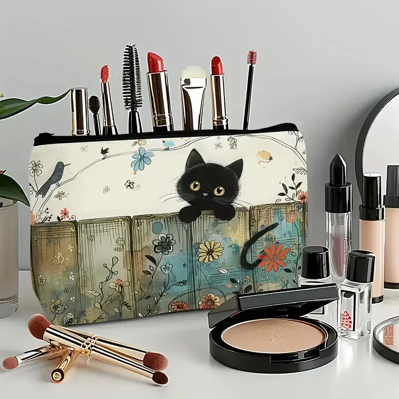 Cute Black Cat on Fence Canvas Makeup Bag Pencil Case Toiletry Pouch Zipper Gift - Image 1 of 4