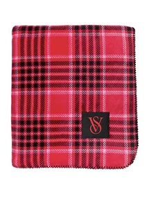 VICTORIA'S SECRET VS Cozy Sherpa Blanket LOGO Christmas Red Plaid Logo 60X50 - Picture 1 of 2