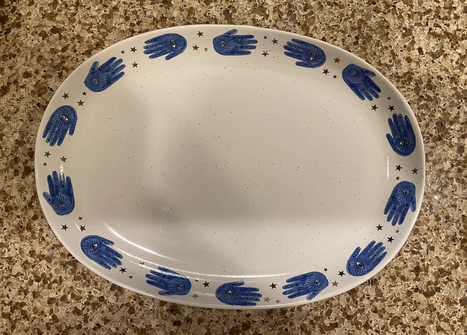 HAMSA  & EVIL EYE 12 INCH CERAMIC WHITE & BLUE PLATTER STAY WILD MOON CHILD - Image 1 of 4
