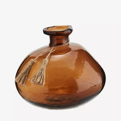 Round Brown Glass Botanical Bottle Vase Jute Tassels Organic Flower Vase, D20cm - Image 1 of 2