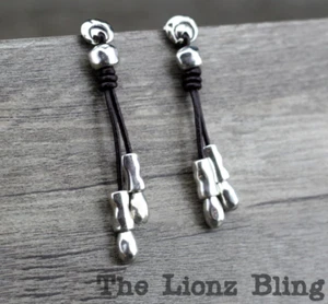 Rustic style Hammered Sterling Silver & Black Leather Dangle Earrings - 2 1/2" - Picture 1 of 2