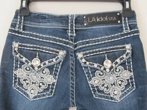 LA IDOL Bermuda Jean 2736 Embellished Shorts Bling Flap Pockets Women’s Size 1 - Picture 1 of 7