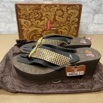 Nuevas Sandalias Justin Damas Tara Marrón Cuña Chanclas Talla 10 con Caja y Bolsa para el Polvo Foto 1 de 4