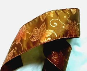 Fall Copper Metallic Leaves 2.5" by 2 yd Wired Ribbon Satin Kirkland Elegance - Picture 1 of 5