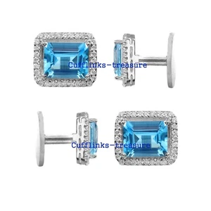 Natural Blue topaz & CZ Gemstones with 925 Sterling Silver Tuxedo Buttons set #7 - Picture 1 of 6