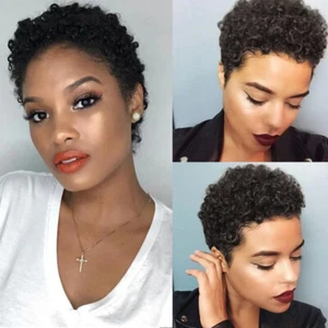 Pixie Cut Afro Kinky Curly Wigs Black Human Hair Wig No Lace Full Machine Made - Picture 1 of 12