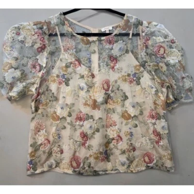 Peach Semi-sheer Floral Top Chiffon Zip Up Multicolored-3X - Image 1 of 4