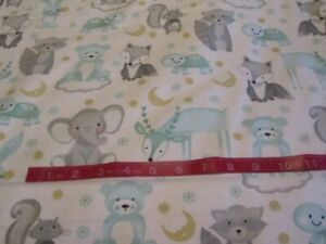 2 Yards White With Gray/Green Woodland Animals and Elephants Flannel Fabric