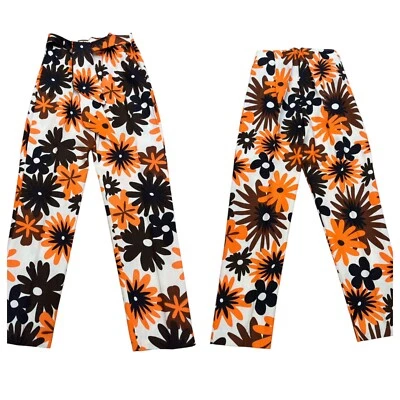 VTG Retro 1970 Orange, Black, Brown Flower Power Pants, Sz 26 Waist, Tapered Leg - Imagem 1 de 4