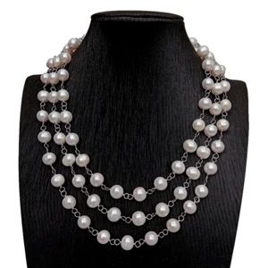 18.5" Pearl Necklace White Pearl Rosary Chain Necklace Women Wedding Jewelry - Picture 1 of 6