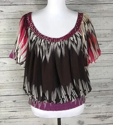 Top de seda Bebe para mujer multicolor con cuentas cuello redondo espalda abierta cintura elástica talla S Foto 1 de 4