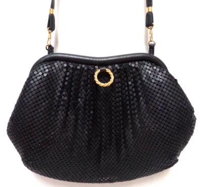 Bolso Bandolera Whiting Davis Malla Metálica con Marco de Cuero Monedero Negro Ocasión Foto 1 de 4