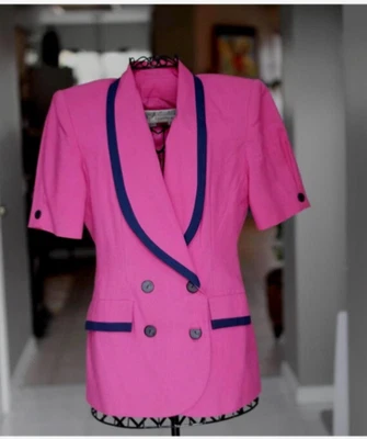 Vintage 1980’s J. Gallery Bright Pink Blazer with Blue Trim. Size 8. - Image 1 of 4