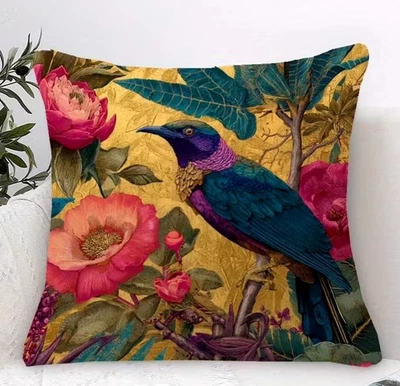 Kissen Bezug Samt 45 cm floral Vogel Garten Cottage Deko Boho botanisch Rose - Bild 1 von 4