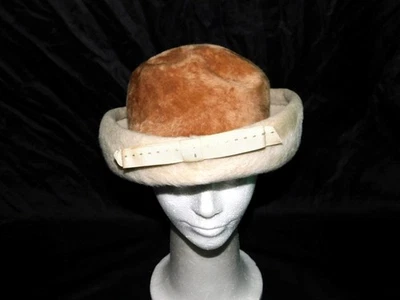Vintage 60s Empress L Light Brown Cream Velour Hat Rolled Brim Bow Faux Fur - Image 1 of 4