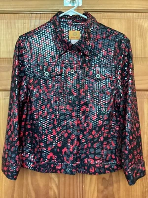Size 12 Ruby Rd Black Red Sparkly Wet Look Lightweight Polyester woman’s Jacket - Image 1 of 4