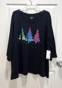CATHERINES Top Womens 3X 26/28W Black Sequin Christmas Trees 3/4 Sleeve Tee NWT - Picture 1 of 8
