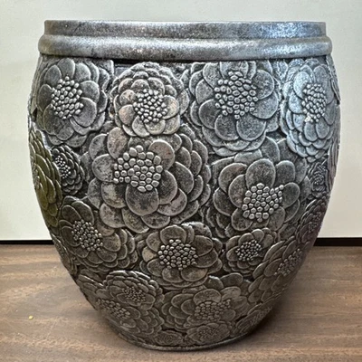 Art House 3D Floral Silver Tone Resin Trash Can Wastepaper Basket Trash Bin（007） - Image 1 of 4