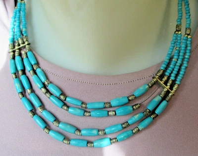 Ancien collier argenté style ethnique 4 rangs de perles turquoise bijou B2 - Photo 1/3