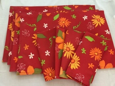 SET 4 placemats cloth napkins JC Penney Home orange yellow floral 19 x 13 - Image 1 of 4