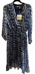 Vestido Amici Baci Azul Seda Maxi Pequeño 10-12 Manga Larga Pestaña Enrollable Hecho en Italia Nuevo - Imagen 1 de 17