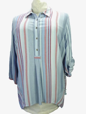 Viscosa a rayas azules vintage AMERICA L 3/4 ajustable Sl. Blusa túnica top usada en excelente estado Foto 1 de 4