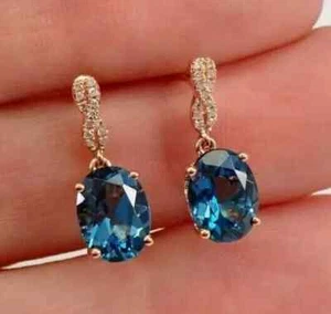 3.00Ct Oval Lab Created London Blue Topaz Dangle Earrings 14K Yellow Gold Plated - Picture 1 of 8