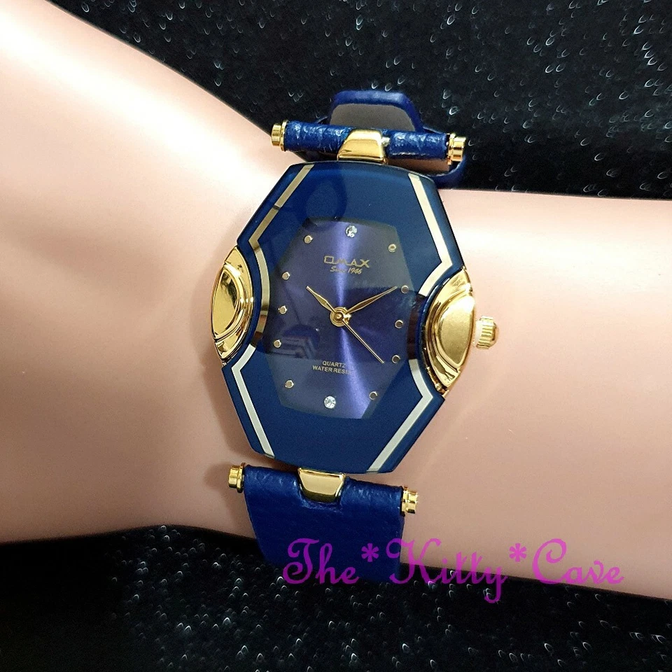 Classic Swiss OMAX CE0026 Gold SEIKO Movt Blue Mirror Glass Leather Dress Watch