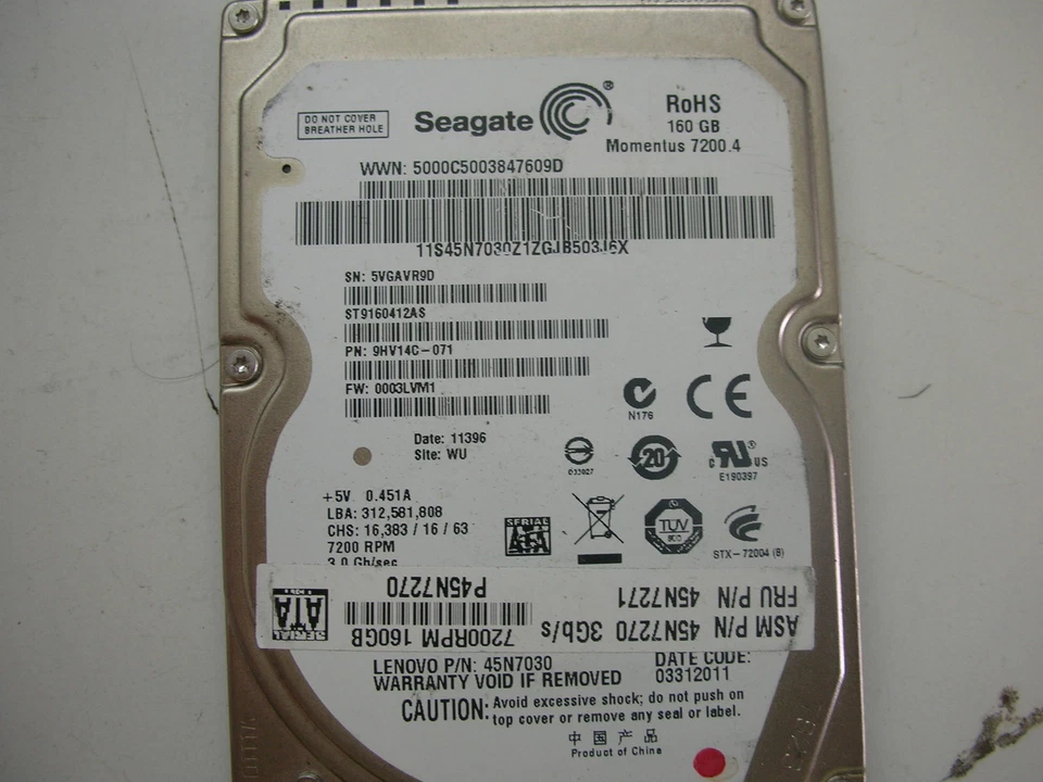 Seagate Momentus 7200.4 160GB ST9160412AS 100566885 0003LVM1 2.5" SATA HDD HD - Image 1 of 1