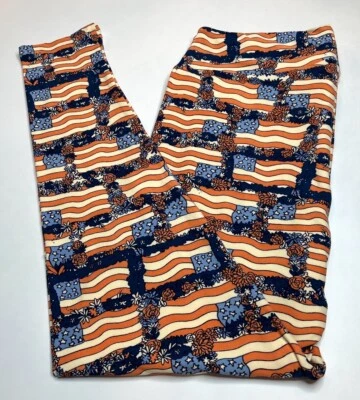 NUEVO Leggings LuLaRoe TC2 CORAL AZUL CREMA Estrella Flor EE. UU. BANDERA América Militar Foto 1 de 4