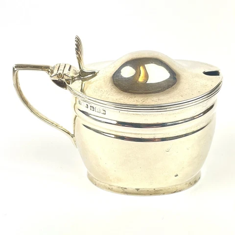 Antique Solid Silver Mustard Pot With Blue Glass Liner Henry Stafford Ltd 1909 Cover