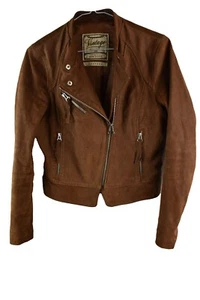 New Look Leather Womans Brown Cropped Suede Biker 90s Jacket Size 12 - Picture 1 of 9