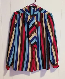 Womens 18 Vintage 1970s Mynette Jewel Tone Striped Secretary Blouse w/ Pussy Bow - Picture 1 of 4