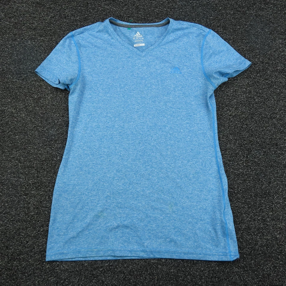 Camisa Adidas Mujer Mediana Azul Climalite Cuello en V Manga Corta Correr Gimnasio Damas Foto 1 de 4