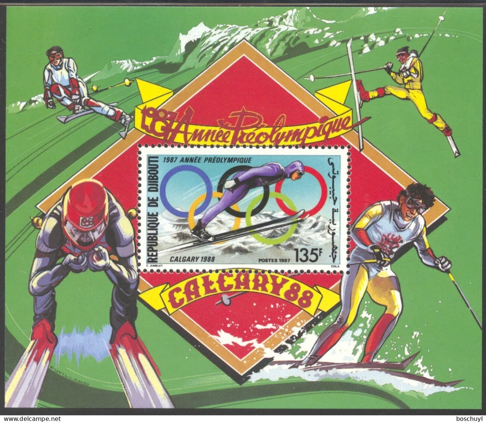 Yibuti, 1987, Juegos Olímpicos de Invierno Calgary, salto de esquí, esquí, MNH, bloque 140A Foto 1 de 1
