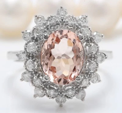 Anillo de mujer morganita y diamantes melocotón natural de 6,40 quilates en oro blanco de 14 K Foto 1 de 4
