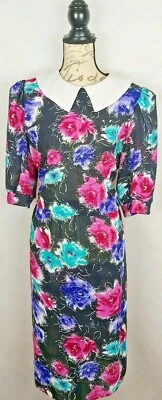 Vestido Vintage Años 80 JB Too Drop Cintura Elástica Cintura Grande Negro Púrpura Floral Foto 1 de 4