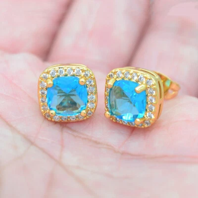 18K Yellow Gold Filled Lake Blue Topaz Women Cushion Stud Earrings Jewelry - Image 1 of 4