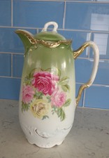 Antique Ceramic Chocolate Pot Coffee Pot Hand Painted Roses