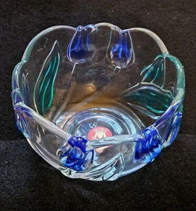 Vintage Original Waltherglas Bowl Made In Germany, Clear, Blue Tulips Scalloped - Picture 1 of 10