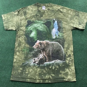 Vintage Bear Shirt Mens Large Green Y2K Tie Dye Nature Animal Print Tee - Picture 1 of 5