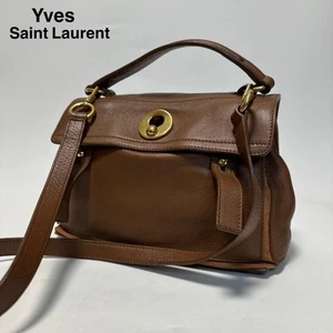 YVES SAINT LAURENT Muse Two 2way Hand Bag Shoulder Bag Leather Brown Authentic - Picture 1 of 10